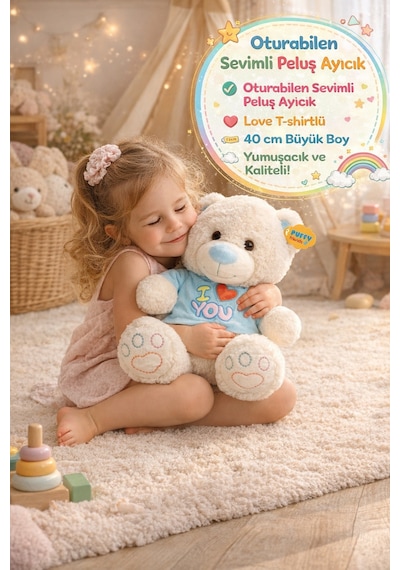 Mavi Tişörtlü Oturan Peluş Ayı Love Yumuşak Sevimli Oyuncak Büyük Boy Hediye Ayıcık 40 Cm