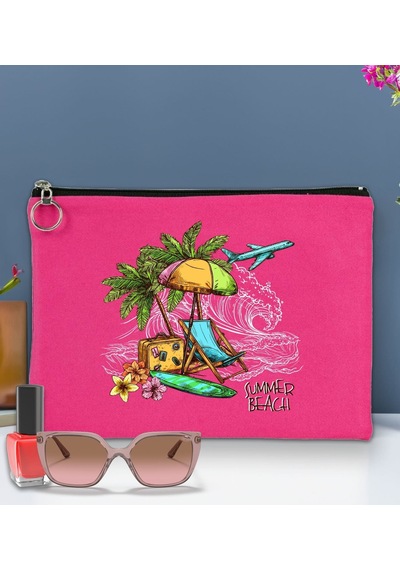 Bk Gift Yaz Temalı-9 Astarlı Fuşya Portföy Çanta 30x21cm, Baskılı El Çantası, Organizer Çanta Çok Renkli