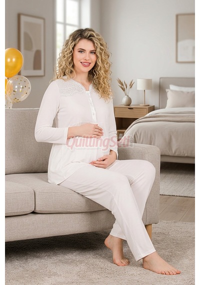Lady Ekru Renkli Dantel Detaylı, 33201 Uzun Kol, 2 Parça Lohusa Hamile Pijama Takımı