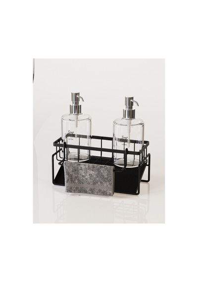 Buççin Online Mağaza Tezgah Üstü Sıvı Sabunluk Ve Süngerlik Organizer + 2 Adet Sıvı Sabunluk İle Set Metal Siyah Çok Renkli