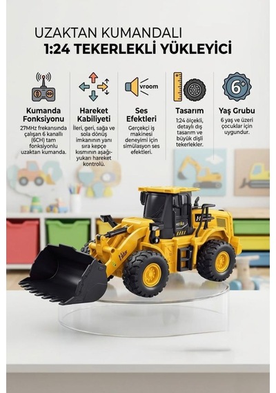 Uzaktan Kumandalı 6 Fonksiyonlu Sesli Şarjlı 27mhz Ayarlanabilir Kepçeli Oyuncak Buldozer Sarı
