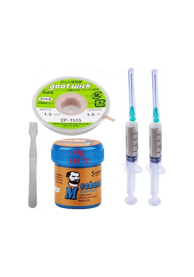 Mechanic Krem Lehim Mechanic Solder Paste 42 Gr 138c Lehim Emme Temizleme Teli 1,5 Mm Ve Metal Spatula Seti03