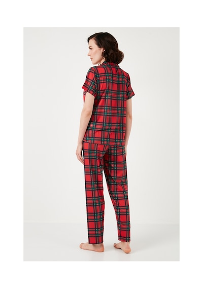 Lela Desenli Kısa Kollu Beli Lastikli Gömlek Yaka Dokuma Regular Fit Bayan Pijama Takımı 6571010 Kırmızı-Siyah