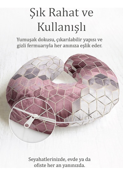 Geometrik Modern Desenli Boyun Yastığı - Altın Çizgili Pembe Gri Yumuşak Seyahat Yastığı Koyu Kanyon Kabak