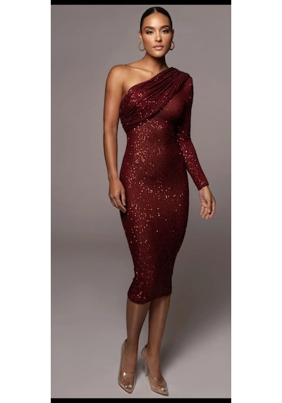 Hanife Glam Couture Hanife Glam Pulpayet Işlemeli Tek Kollu Midi Elbise Bordo