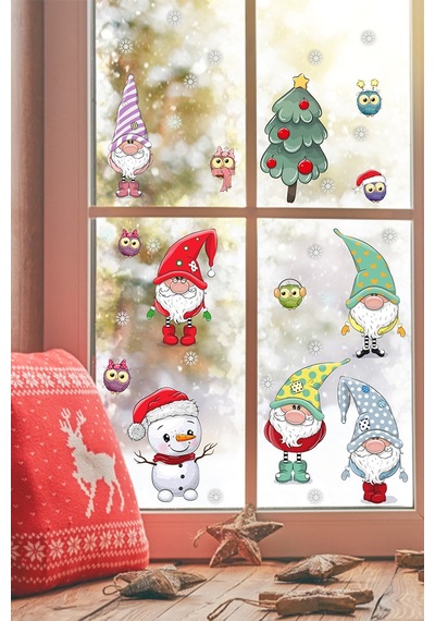 Yılbaşı Sticker Noel Cüceler Baykuş Kardan Adam Ve Kartaneleri Pencere Sticker