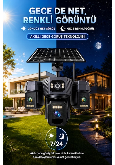 3 Kameralı Sim Kartı İle Çalışan Gece Görüşlü Solar Güvenlik Kamerası