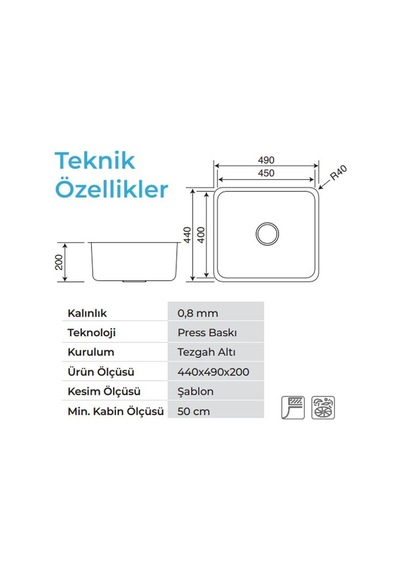 Crauf Lavello 3050 Mat Inox 40 45 Tezgah Altı Paslanmaz Çelik Mutfak Eviyesi Inox