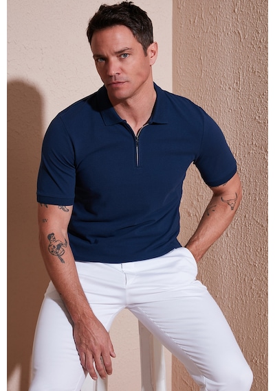 Buratti Pamuklu Regular Fit Yarım Fermuarlı Erkek Polo Yaka T Shirt 5903008 Indigo