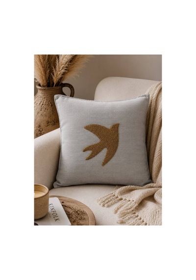 Punch Nakışlı Kırlent Kılıfı 45x45 Cm Kırlangıç Home Çapa Çiçek Desenli Gri-hardal Kırlangıç