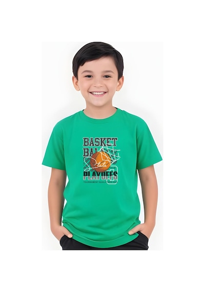 Fyk Kids Erkek Çocuk Yuvarlak Yaka Basketball Baskılı T-shirt Yeşil