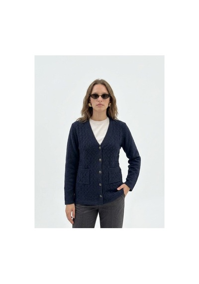 Onno Style Women Kendinden Desenli Jakarlı Kadın Ceket Lacivert
