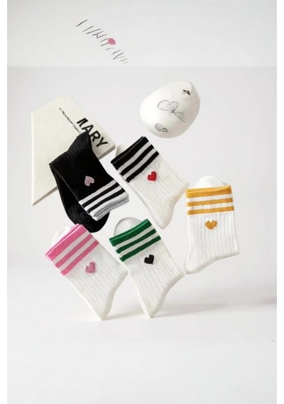 Hitit Socks Kadın 5 Çift Premium Kalite Çizgili Kalp Desenli Günlük Kullanıma Uygun Kolej Çorap Çok  Renkli