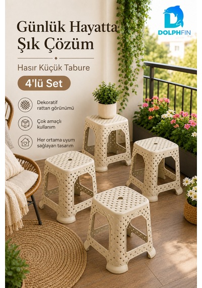 Hasır Görünümlü Küçük Plastik Tabure 4 Lü Set 33 Cm Krem Bej