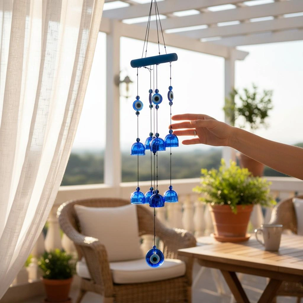 Feng Shui Nazar Boncuğu Rüzgar Çanı Metal Kötü Göze Karşı Dış Mekan Dekoratif Bahçe Kapı Süsü 65 Cm. 60  Cm