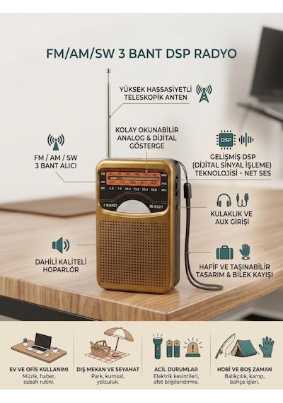 Dexxony M-9321 Şarjlı Dsp Çipli Yüksek Çekim Güçlü Taşınabilir Cep Radyosu