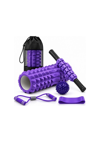 Exeo Foam Roller 5 Li Masaj Egzersiz Seti Rulo Top Direnç Bandı Pilates Yoga Fitness Mor