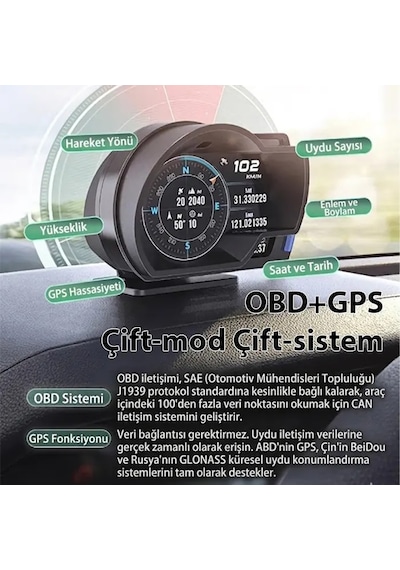 Ally A520 Obd2 + Gps Head Up Display Hud Dijital Hız Göstergesi Rpm & Sıcaklık & Basınç Takip Hız Alarmı- 5775