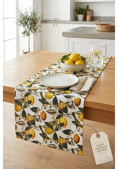Modern Limon Desenli Runner - Leke Dirençli Kumaş Yemek Odası Masa Örtüsü Dekoru Sarı