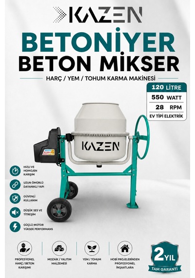 Kazen 120 Litre - Mini Betoniyer Beton Mikser Beton Harç Yem Tohum Karma Makinesi - 3. Nesil