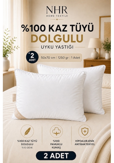 %100 Kaz Tüyü Dolgulu, %15 Gıdık Uyku Yastığı/50x70 1250gr/2 Adet