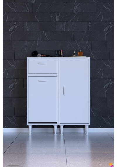 Lina 70 Cm Çok Amaçlı Banyo Dolabı Ve Çamaşır Sepetli Düzenleyici Beyaz 35+35 X97x32 Cm