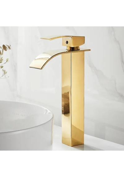Rena Desıgn Mat Gold Çanak Lavabo Bataryası Oval Çıkış Yüksek Havza Model Uzun Çift Giriş Altın Musluk Banyo Mat Altın