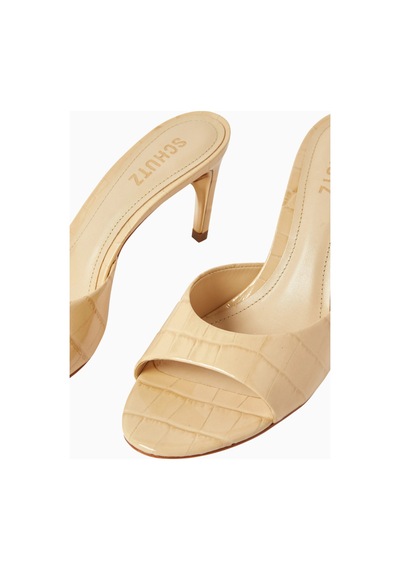 Schutz Curved 80 Timsah Desenli Deri Metal Detaylı, 80mm Topuklu Terlik Bej