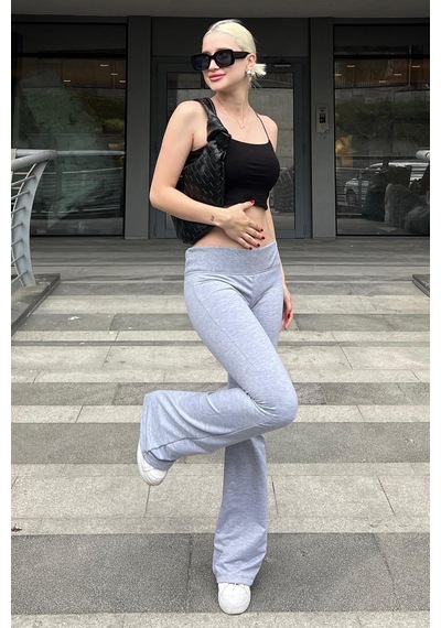 Madmext Grimelanj Beli Fitilli Yüksek Bel İspanyol Paça Pantolon Mg2096-grimelanj Gri Melanj