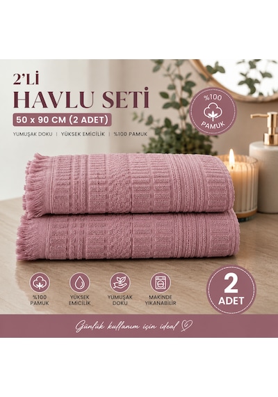2'li Yüz Havlusu Seti 50x90 Cm Pamuklu El Havlusu Püsküllü Yumuşak Dokulu Yüksek Emici Günlük Kullanım Gülkurusu