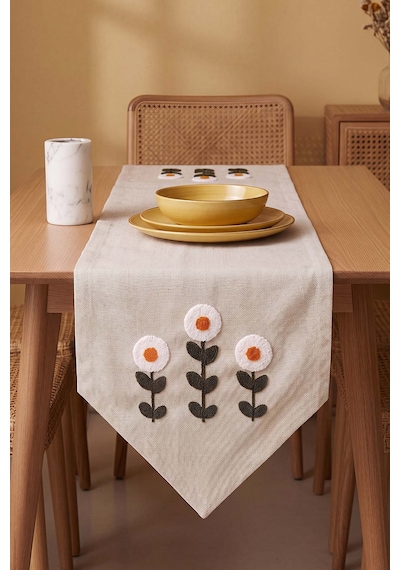 Daisy Cream Kasso Punch İşlemeli Runner 35x110 Cm Çok Renkli