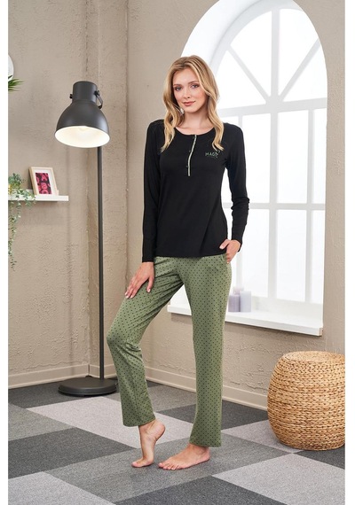 PJS 23521 Kadın Patlı Puanlı Pijama Takım Yeşil