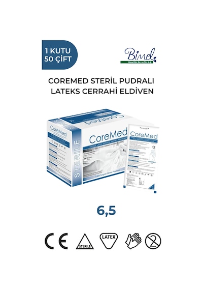 Coremed Steril Cerrahi Lateks Pudralı Eldiven 6,5 Beden 50 Çift