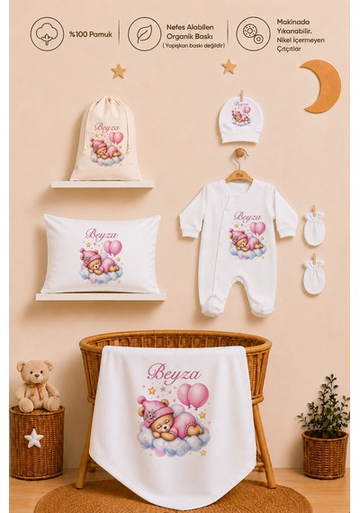 Pia Baby İsme Özel Kız Bebek %100 Pamuk Hastane Çıkışı Tulum Şapka Eldiven Kıyafet Keseli Hediye Seti 1032tybkyx Krem