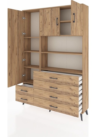 Arges Dolap 8 Raflı 6 Çekmeceli 3 Kapaklı 132x30x195 Çam-çam/çam Çam