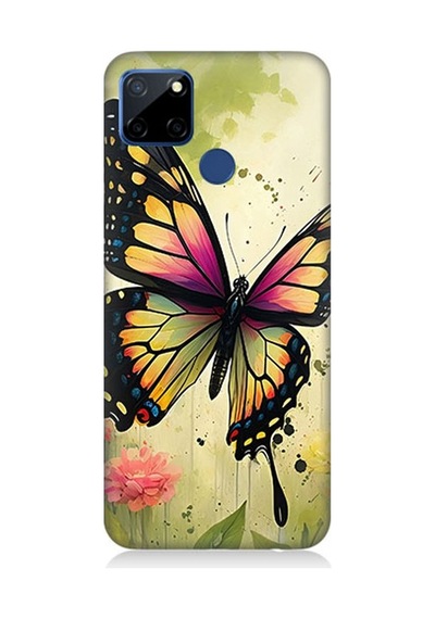 Realme C12 Uyumlu Çayırda Neşeli Kelebek Desenli Silikon Kılıf Çok Renkli