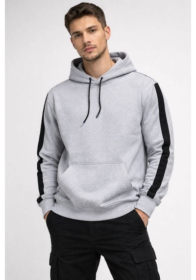 Erkek Şeritli Kapüşonlu Oversize Sweatshirt 3 İplik Pamuklu Hoodie - Beyaz