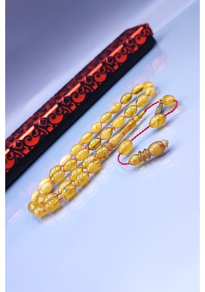 7 x 11 MM Beyzi Mustafa Uysal İmzalı Sarı Hareli Ateşi Kehribar Tesbih