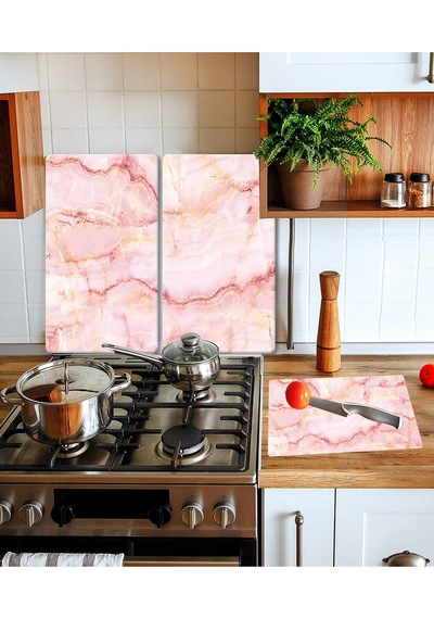 Takım Halinde Pembe Mermer 20x30 Cm Kesme Tablası Ve 60x52cm Cam