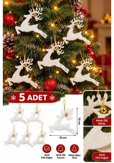 5'li Zilli Geyik Yılbaşı Çam Ağacı Süsü Noel Figürleri - Lüks Simli Eva Kağıdı 10x10 Cm Beyaz