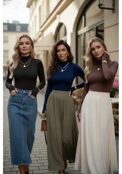 3 Lü Parmak Geçmeli Kadın Body Seti Kahverengi - Siyah