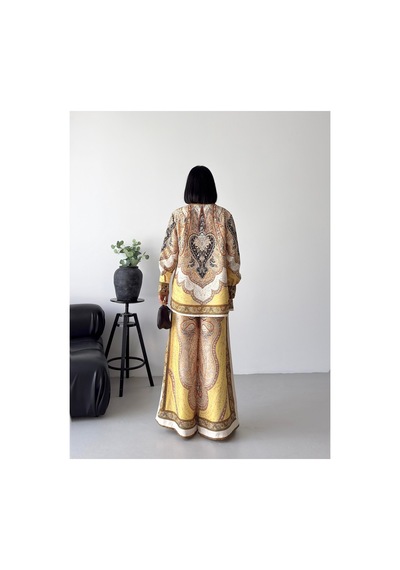 Wellway İthal Chokellaa Kumaş Çiçekli Tunik Gömlek & Pantolon 2li Takım-sarı -26107 Sarı