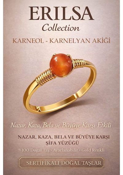 Sertifikalı Nazar Kaza Bela Koruma Yüzüğü - Karneol Karnelyan Aki Çok Renkli