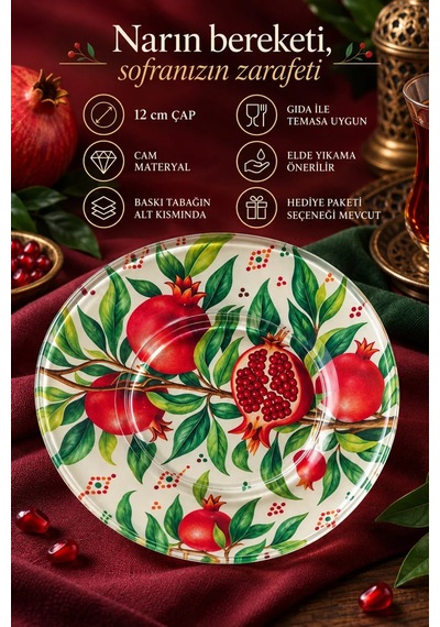 6 Lı Cam Çay Tabağı Nar Desenli 12 Cm 6 Adet Çay Tabak Kırmızı