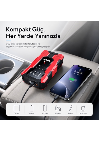 Solvis 4'ü 1 Arada 12v Akıllı Akü Takviye Cihazı, Lastik Şişirme Pompası, Powerbank Ve Led Aydınlatma Çanta Hediyeli