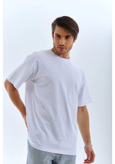 Unisex Oversize Düz Bisiklet Yaka T-shirt - Beyaz