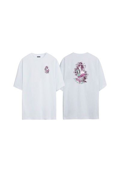 Thewert Unisex Japon Geyşa Ön Arka Baskılı Beyaz Oversize T-shirt