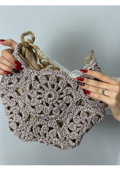El Örgüsü Çiçekli Kadın El Çantası 30x27 Cm Füme