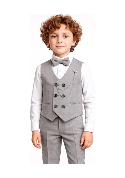 Ahengim Erkek Çocuk Modern Kesim Papyonlu Yelekli 3 Lü Set Takım Elbise Ak5350 Gri