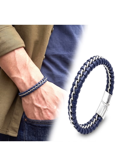 Premium Parlak Ve Şık Lacivert Zincir Model 316l Çelik Ve Deri Bileklik 31834b2d5 - 21 Cm